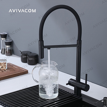 Смеситель AVIVACOM 56*24 с гибким изливом и краном для питьевой воды Чёрный с чёрным гибким изливом