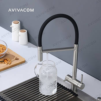 Смеситель AVIVACOM 56x24 с гибким изливом и краном для питьевой воды Сатин с чёрным гибким изливом